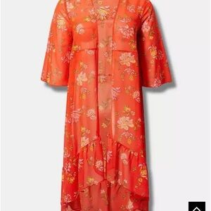 Torrid Chiffon Hi Low Mandarin Red Print Mix Kimono Size 2